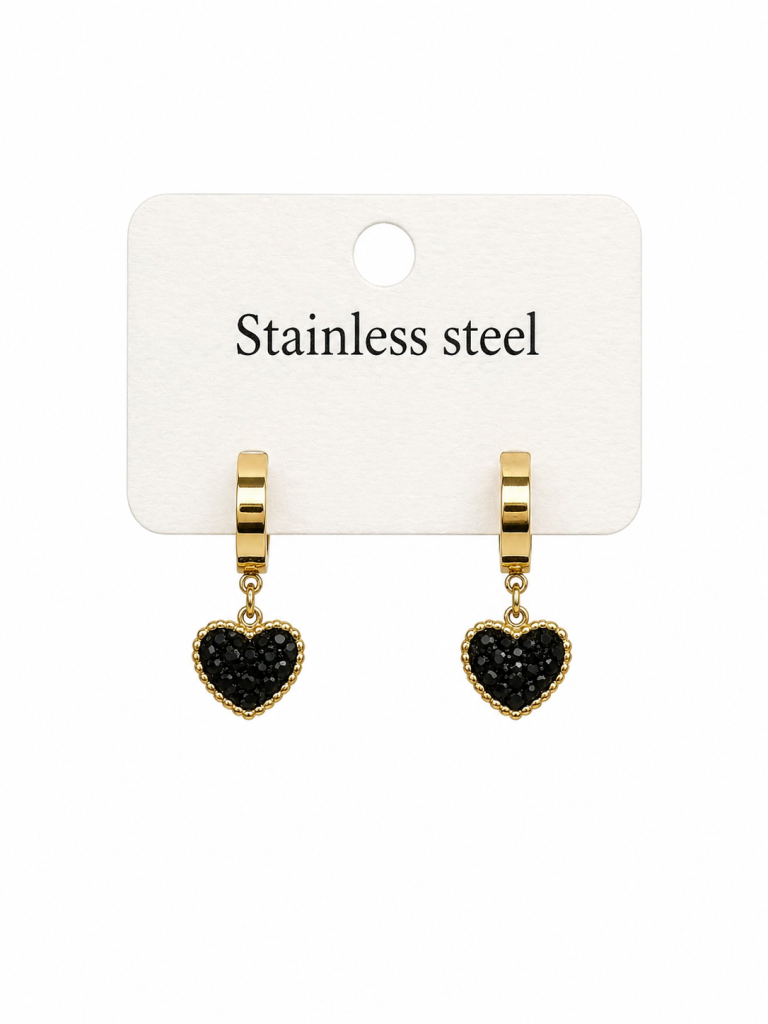 AROS ACERO QUIRURGICO CORAZÓN STRASS NEGRO