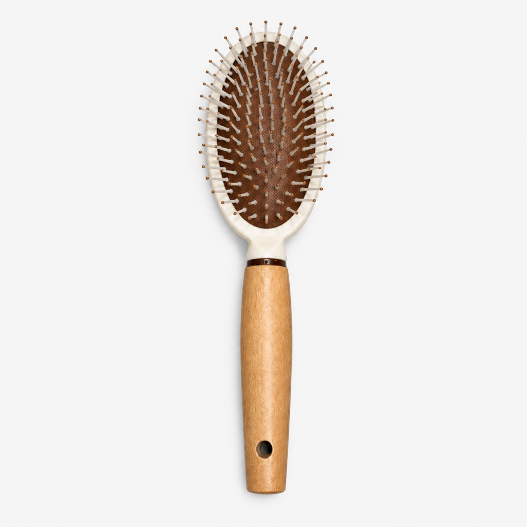 CEPILLO DE PELO OVAL CON MANGO DE MADERA